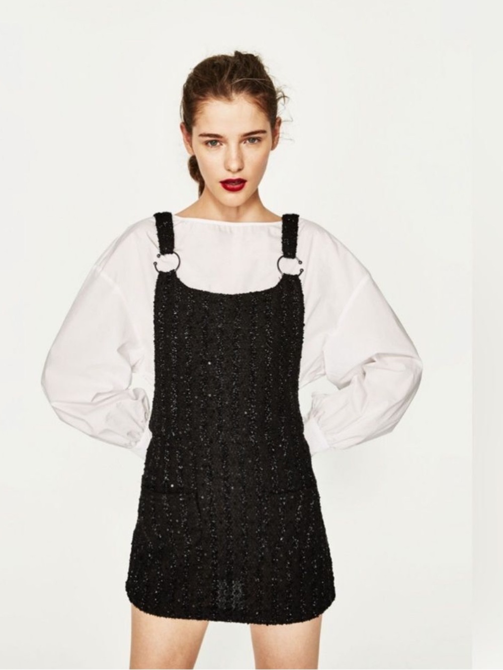 Zara Trafaluc Black Tweed Sequin Overall Pinafore Mini Dress M